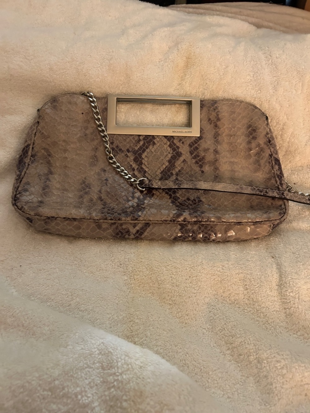 Michael Kors Taupe Snake-Print Leather Clutch with Chain Handle